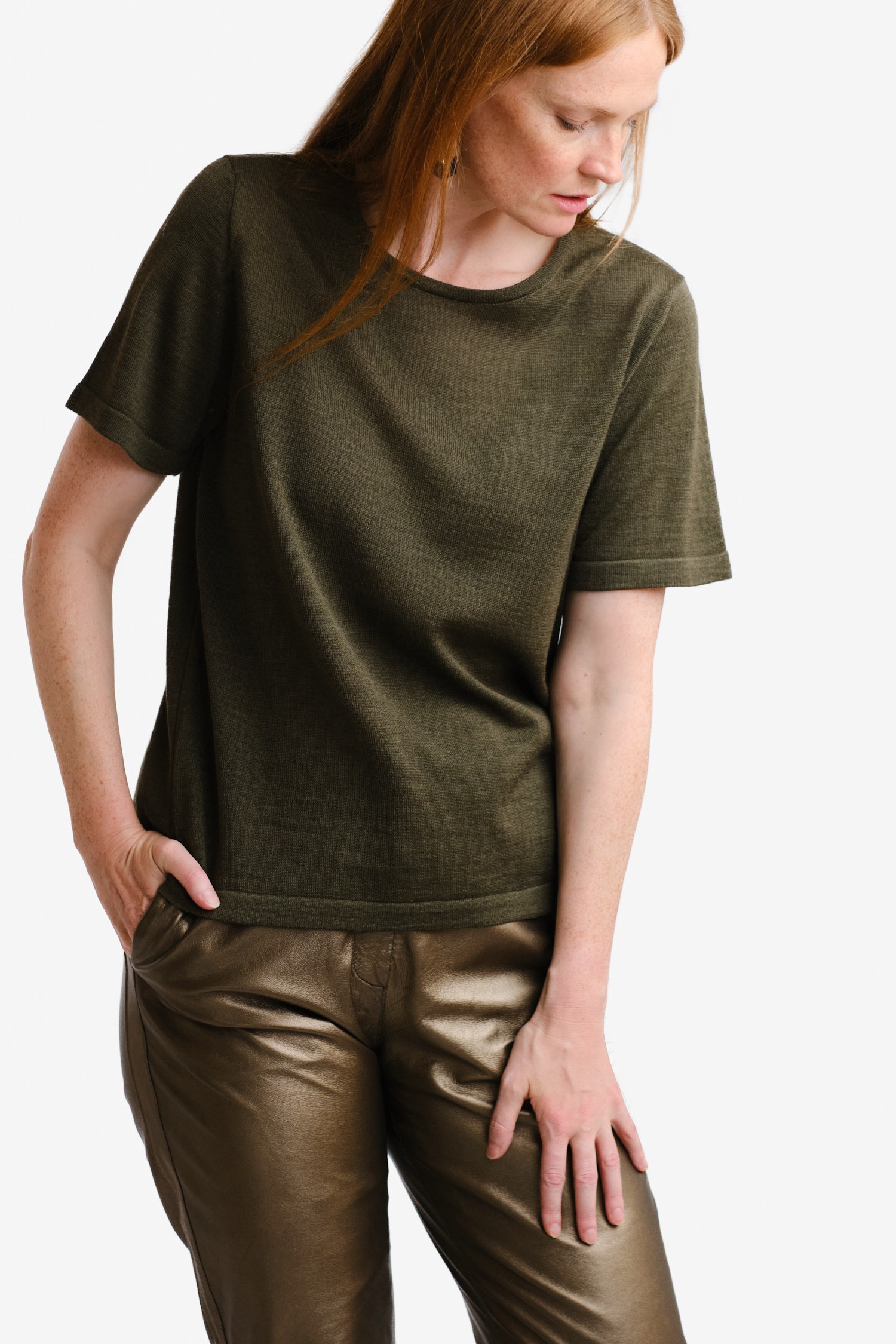 SIMPLE knit T-shirt, dark olive