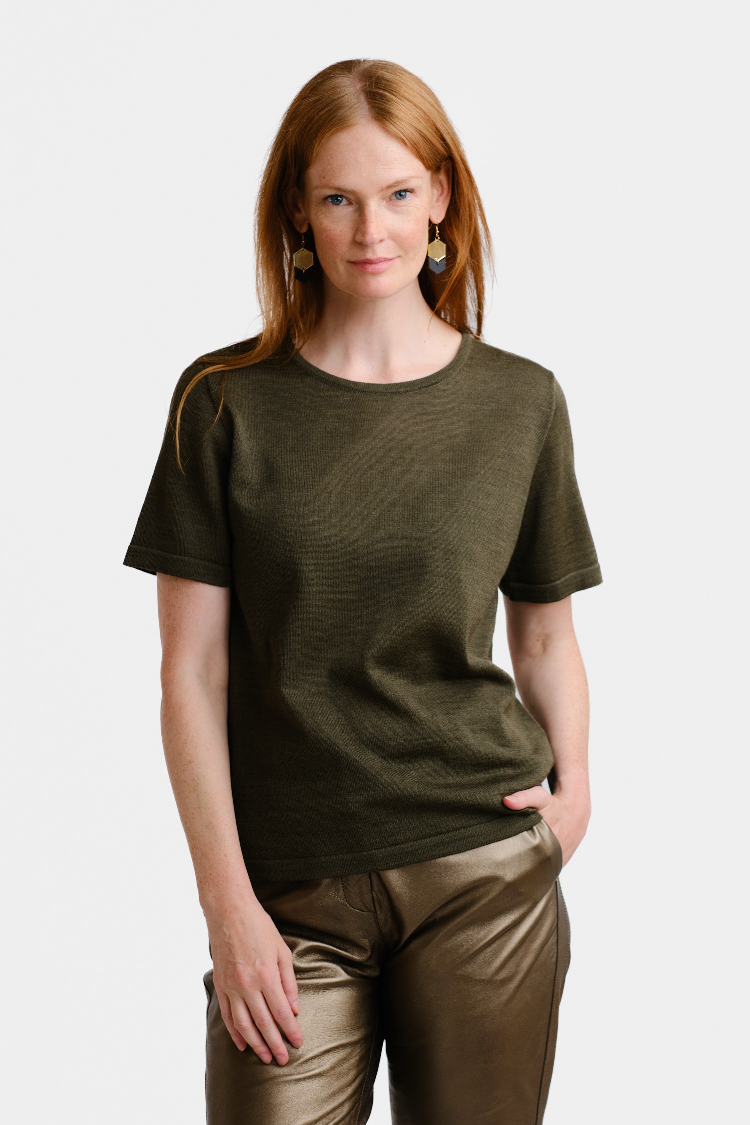 SIMPLE knit T-shirt, dark olive - Image 2
