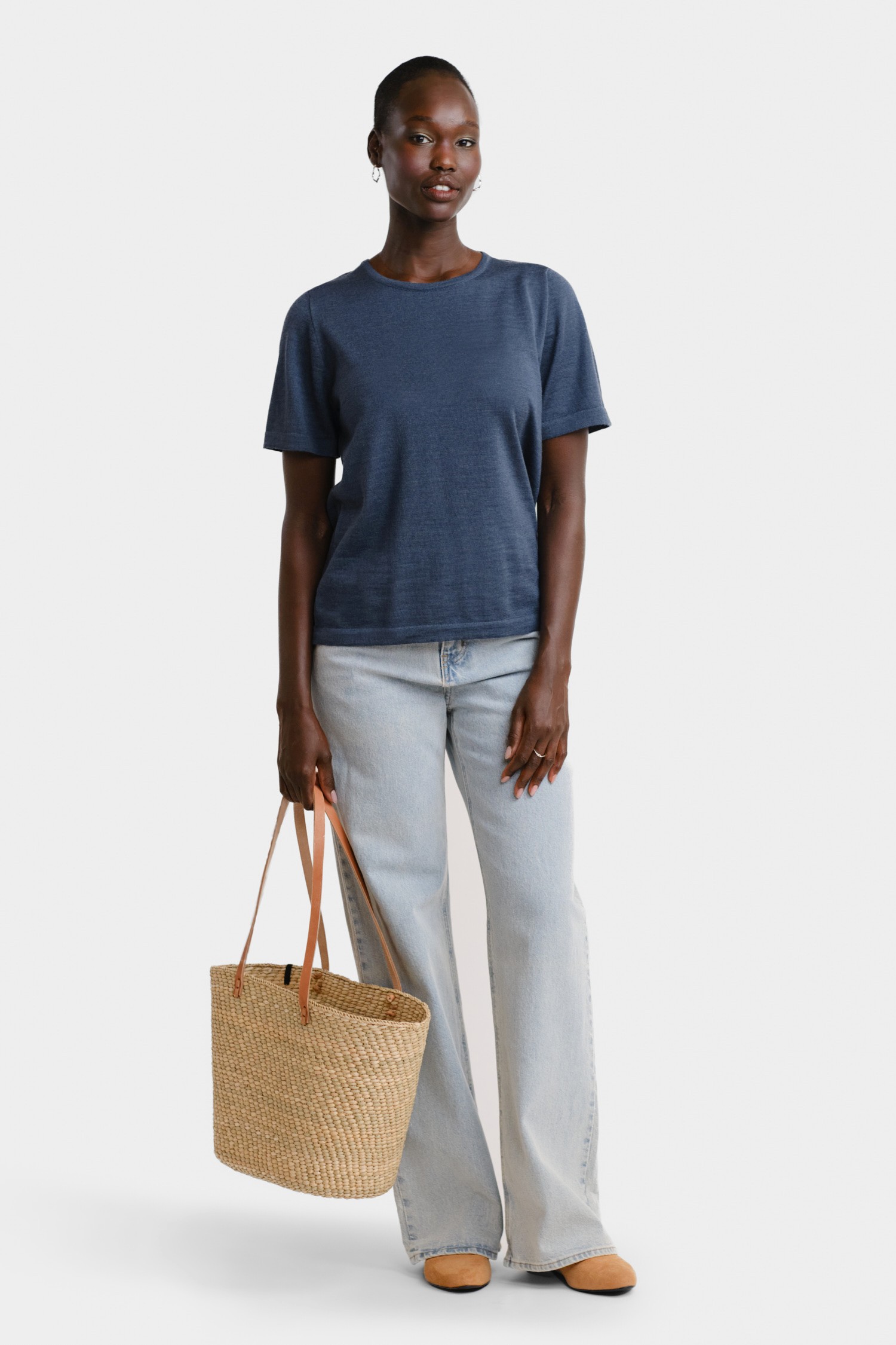 SIMPLE knit T-shirt, denim blue