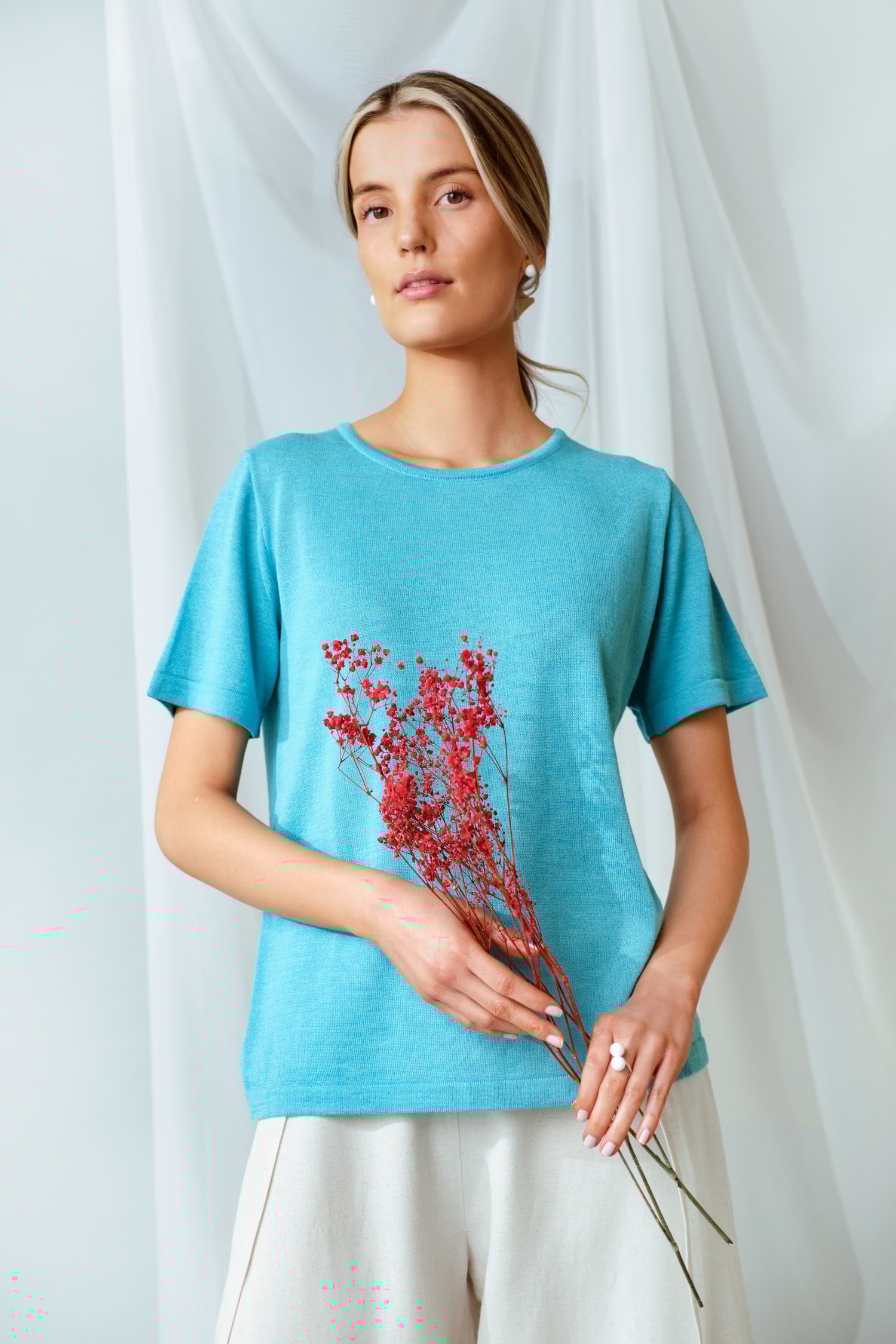 SIMPLE knit T-shirt, turquoise